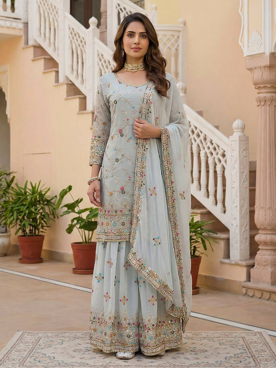 Teeya Creation Grey Faux Georgette Multi Thread Work Wedding Wear Sharara Set