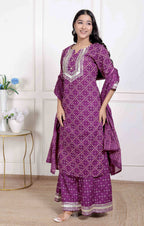 Miravan Magenta Embroidered Cotton Kurta with Palazzo and Dupatta