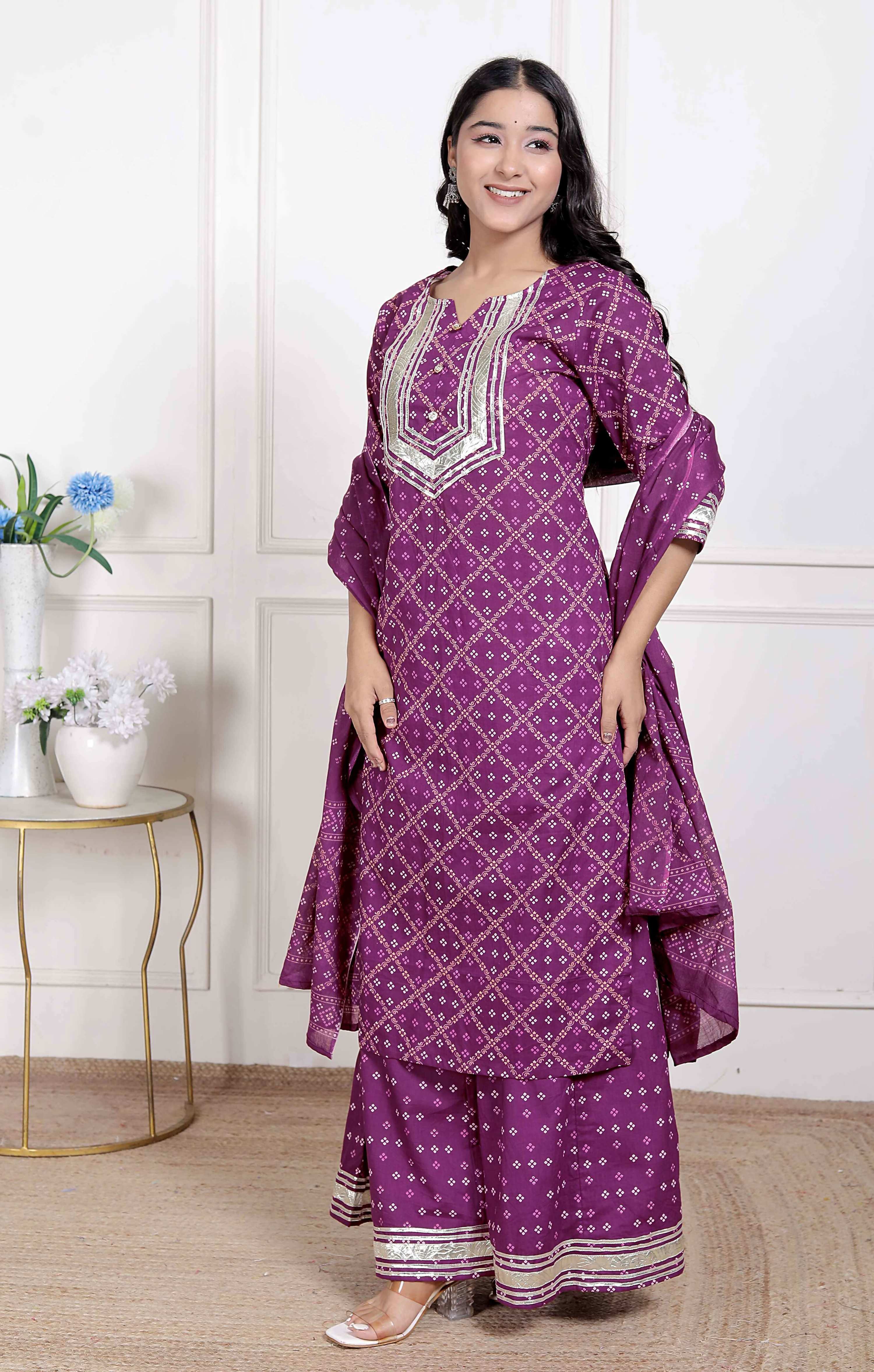 Miravan Magenta Embroidered Cotton Kurta with Palazzo and Dupatta