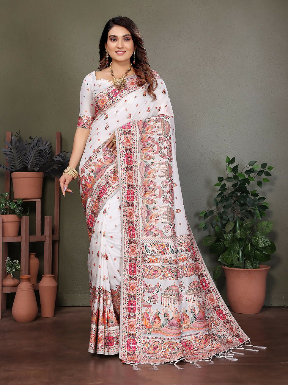 Joban Fashion White Thread Woven Pashmina Sarees