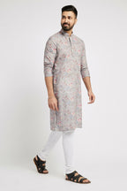 Ethnic India Grey Men's Kurta Floral Polyester