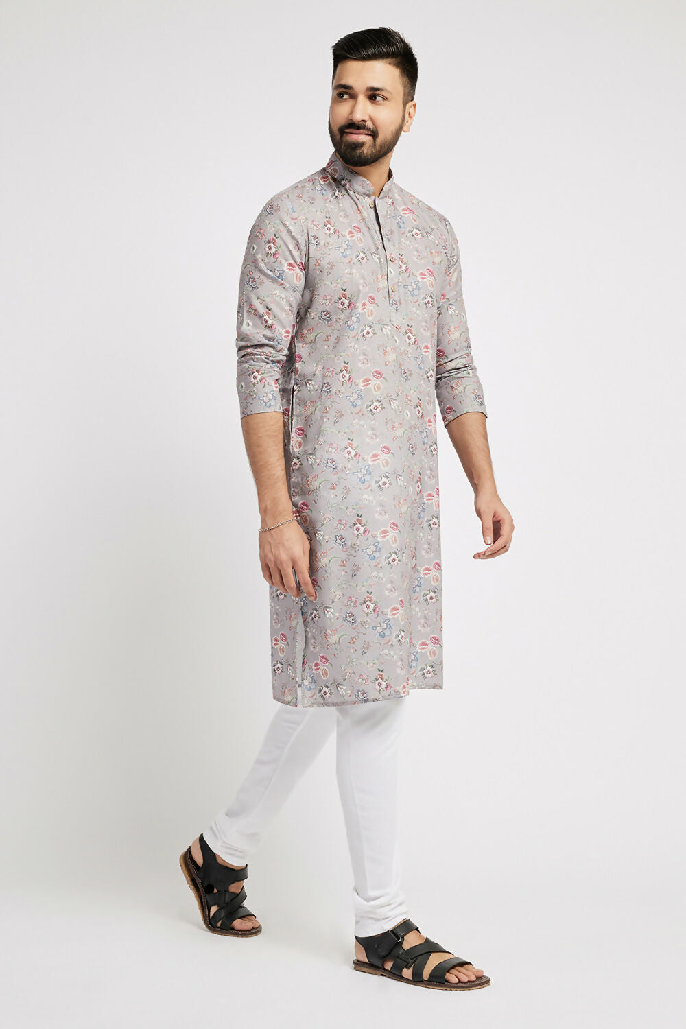Ethnic India Grey Men's Kurta Floral Polyester