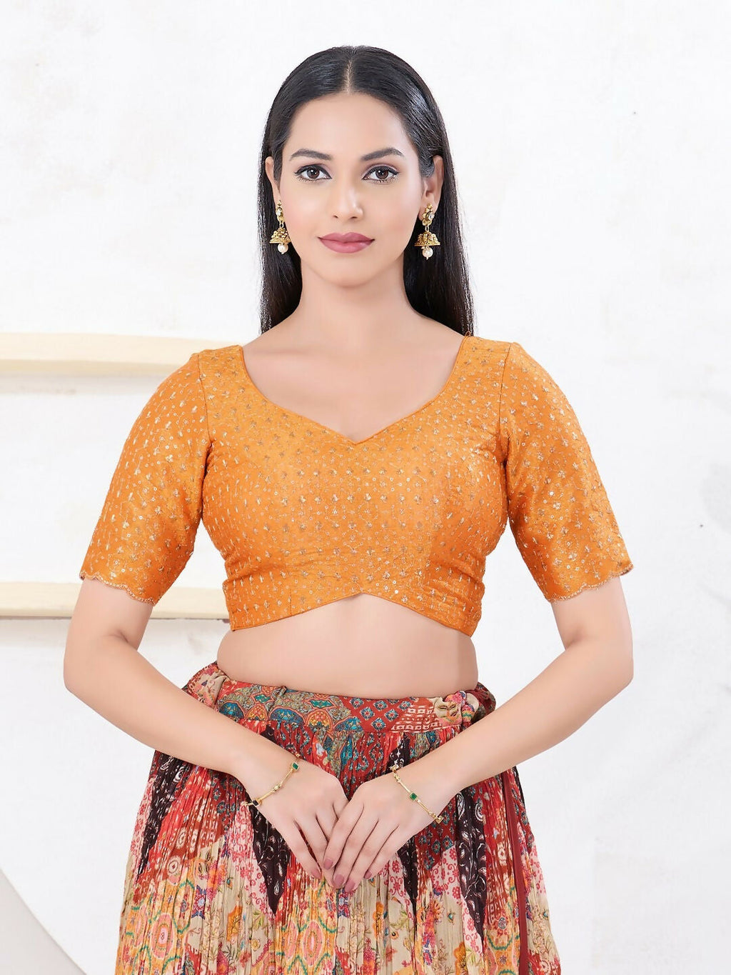 Joban Fashion Orange Tissue Elbow Sleeveless Back Open Blouse