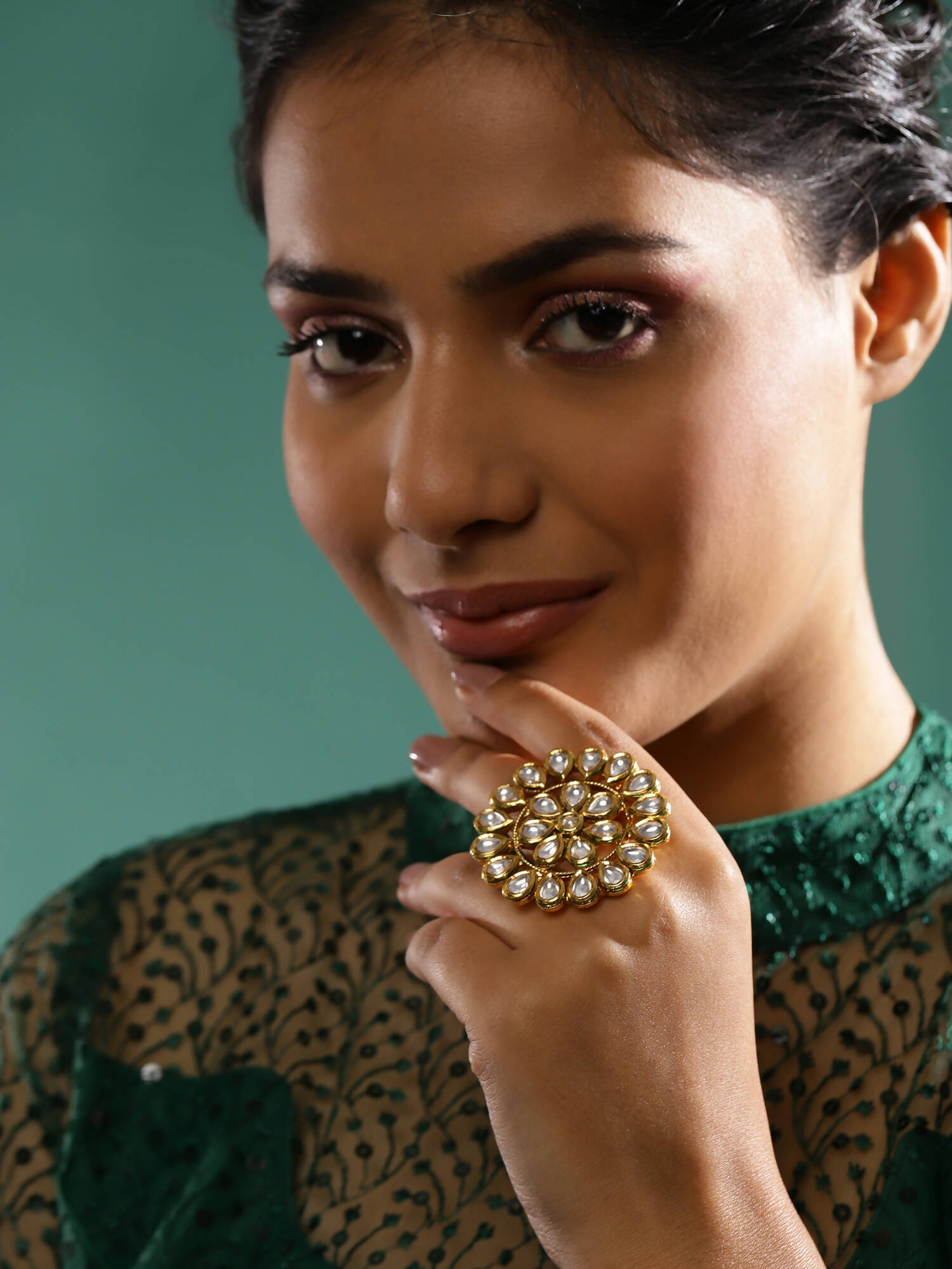 Gold-Plated White Kundan-Studded Adjustable Finger Ring - Ruby Raang - Distacart