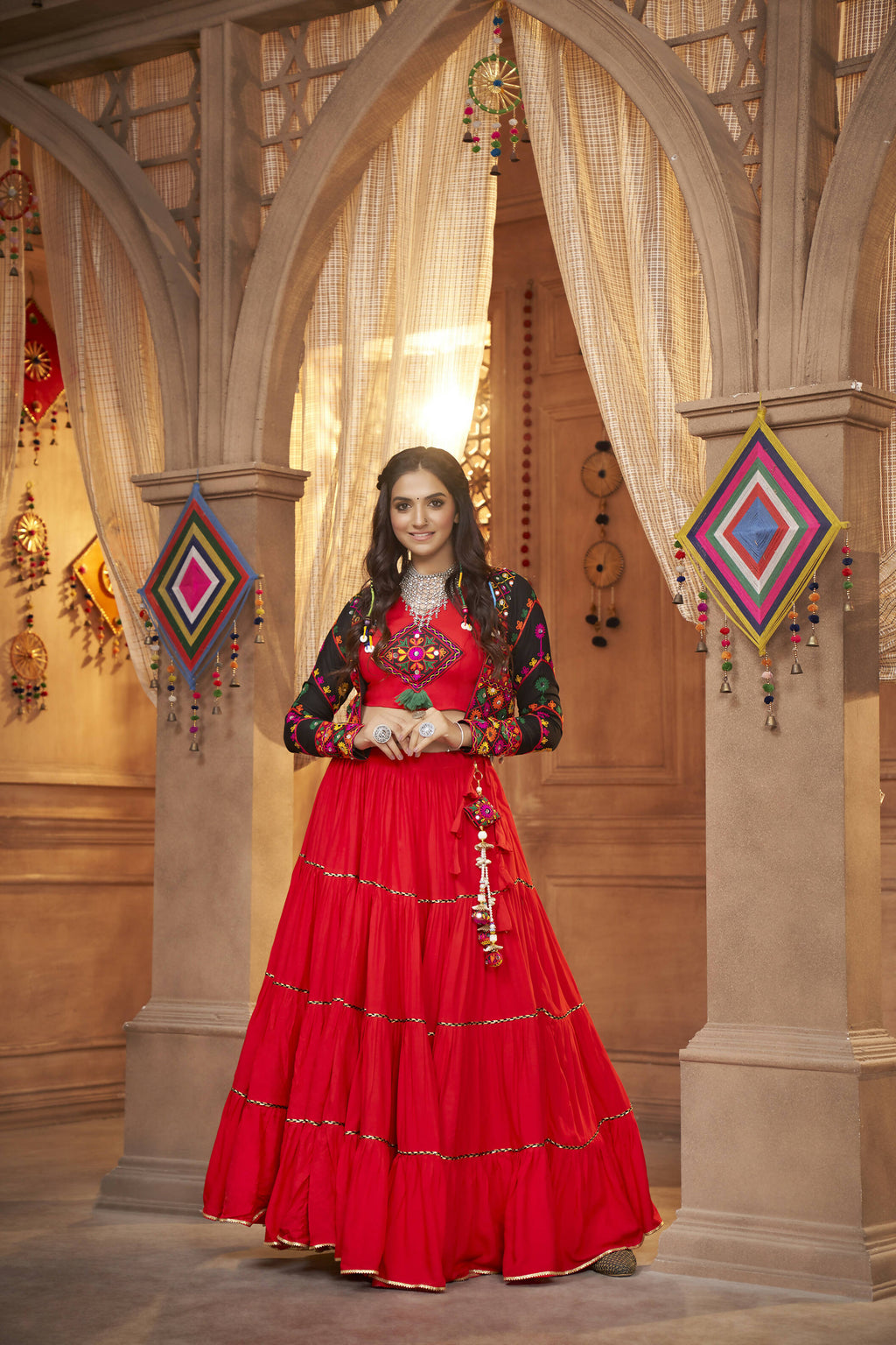 Red Viscose Rayon Navratri Lehenga Choli With Dupatta - Raas