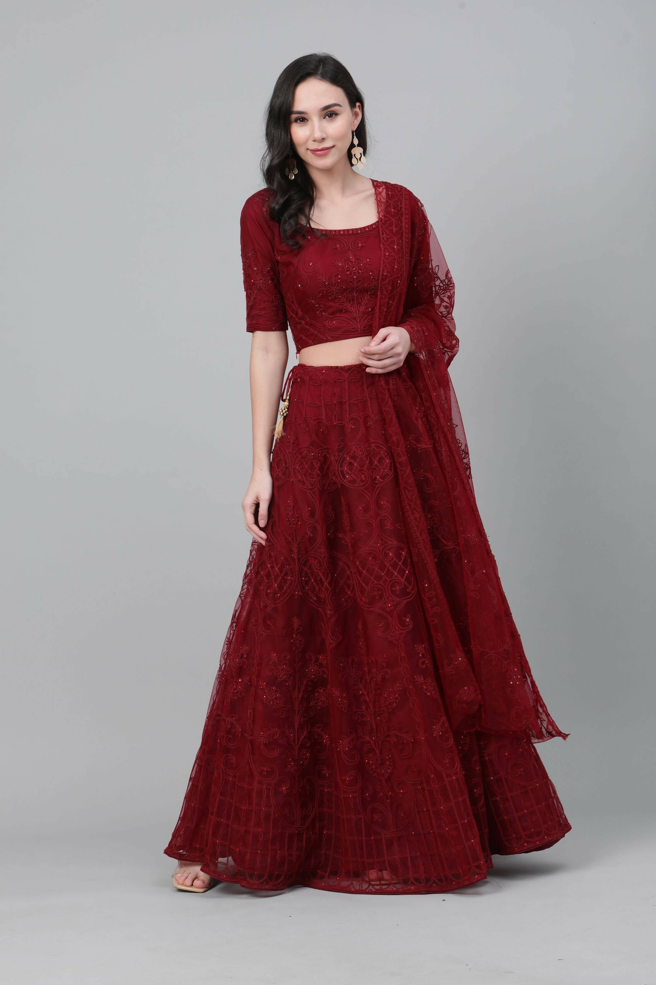 Maroon Net Thread embroidery with stone work Lehenga Choli with Dupatta - Jivika
