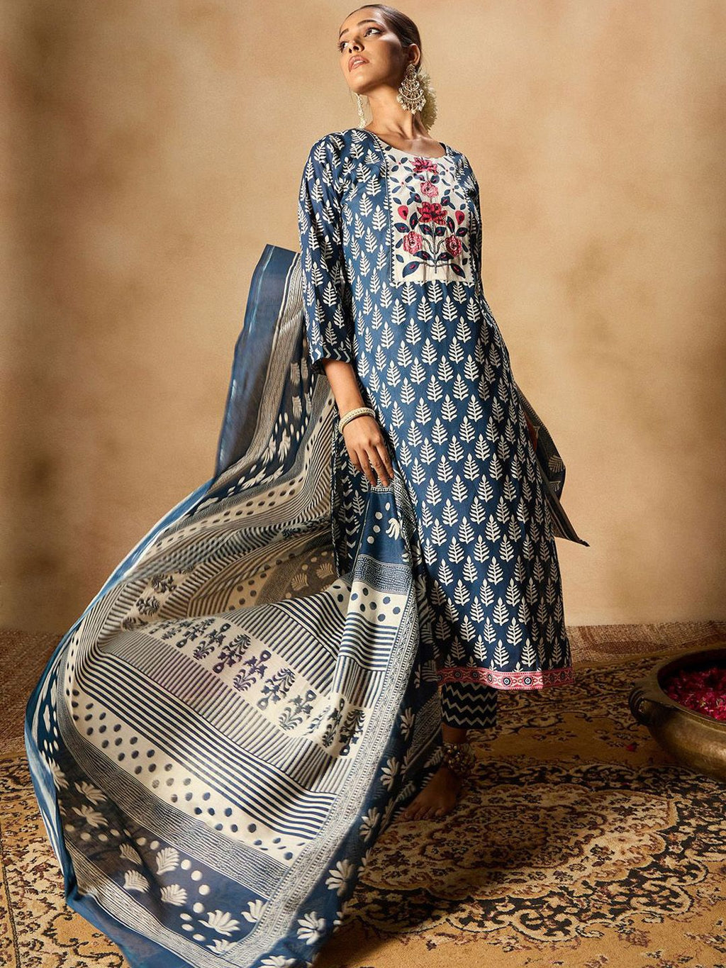 Indo Era Ethnic Motifs Printed Thread Work Pure Cotton Kurta with Trousers & Dupatta - Distacart