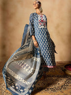 Indo Era Ethnic Motifs Printed Thread Work Pure Cotton Kurta with Trousers & Dupatta - Distacart