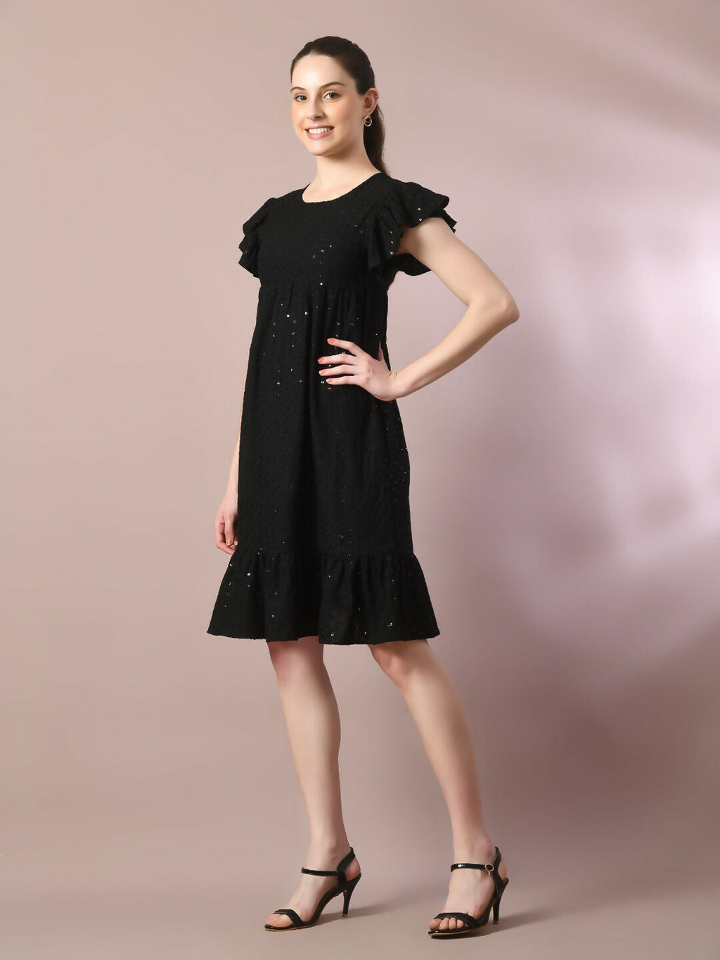 Myshka Women's Black Embroidered Cotton Round Neck A-Line Party Dress - Distacart