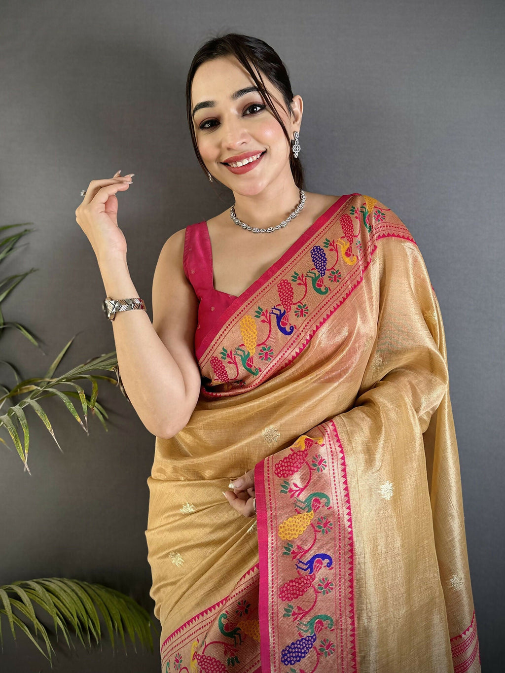 Joban Fashion Beige Zari Weaving Tissue Paithani Saree - Distacart