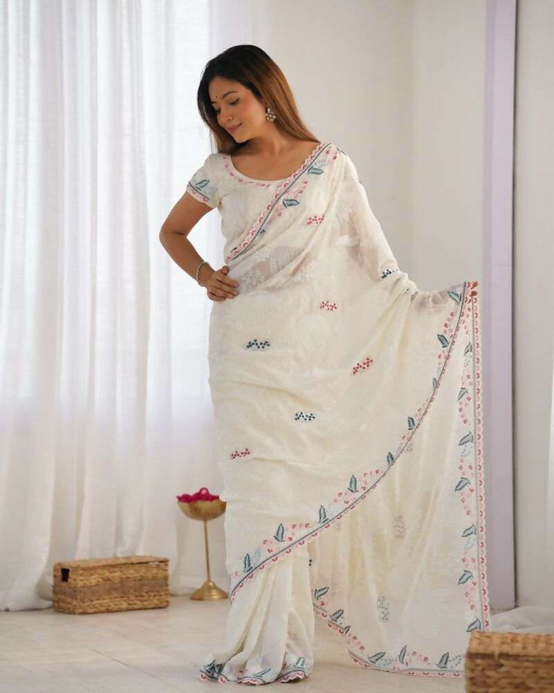 Vamsee Taniya White Silky Crush Saree