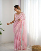 Georgette Designer Sequance Embroidery Work Party Wear Saree - Pink