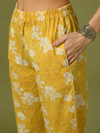 Myshka Women's Yellow Printed Cotton Straight Party Kurta Set