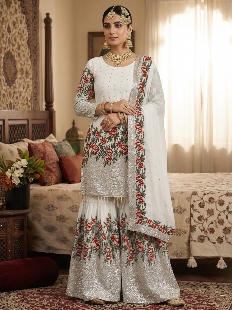 Teeya Creation White Fendy Silk Heavy Embroidery Work Party Wear Sharara Suit - Distacart