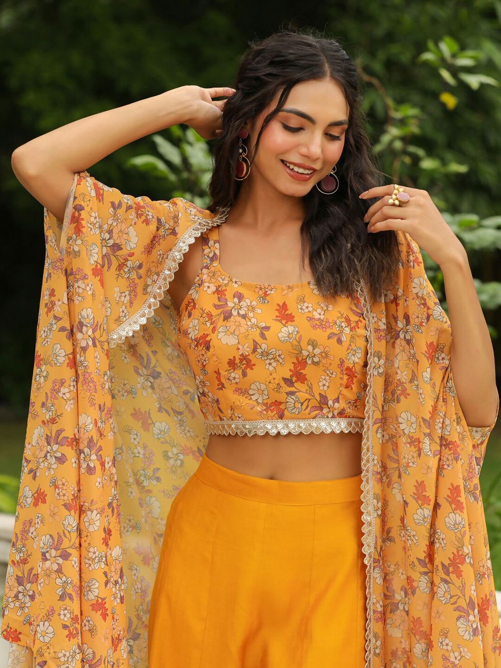 Janasya Mustard Georgette Floral Top Bottom Cape