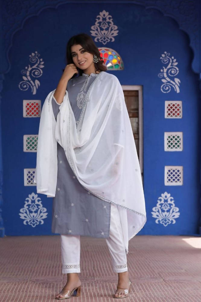 Yufta Kurta Women Grey & White Embroidered Kurta with Palazzo & Dupatta