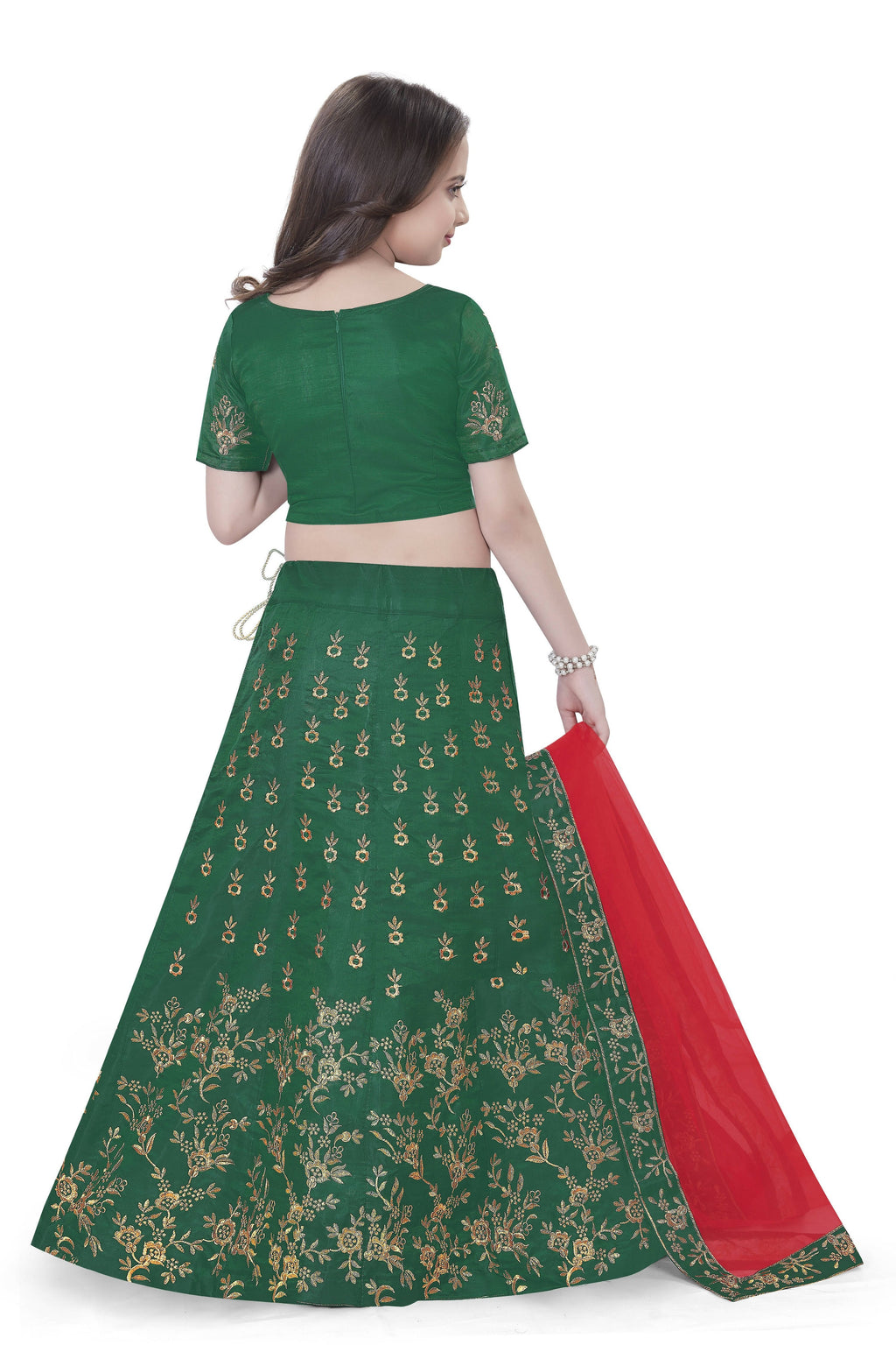 Dwiden Green Baby Doll Tafetta Sattin Semi-Stitched Girl's Lehenga Choli