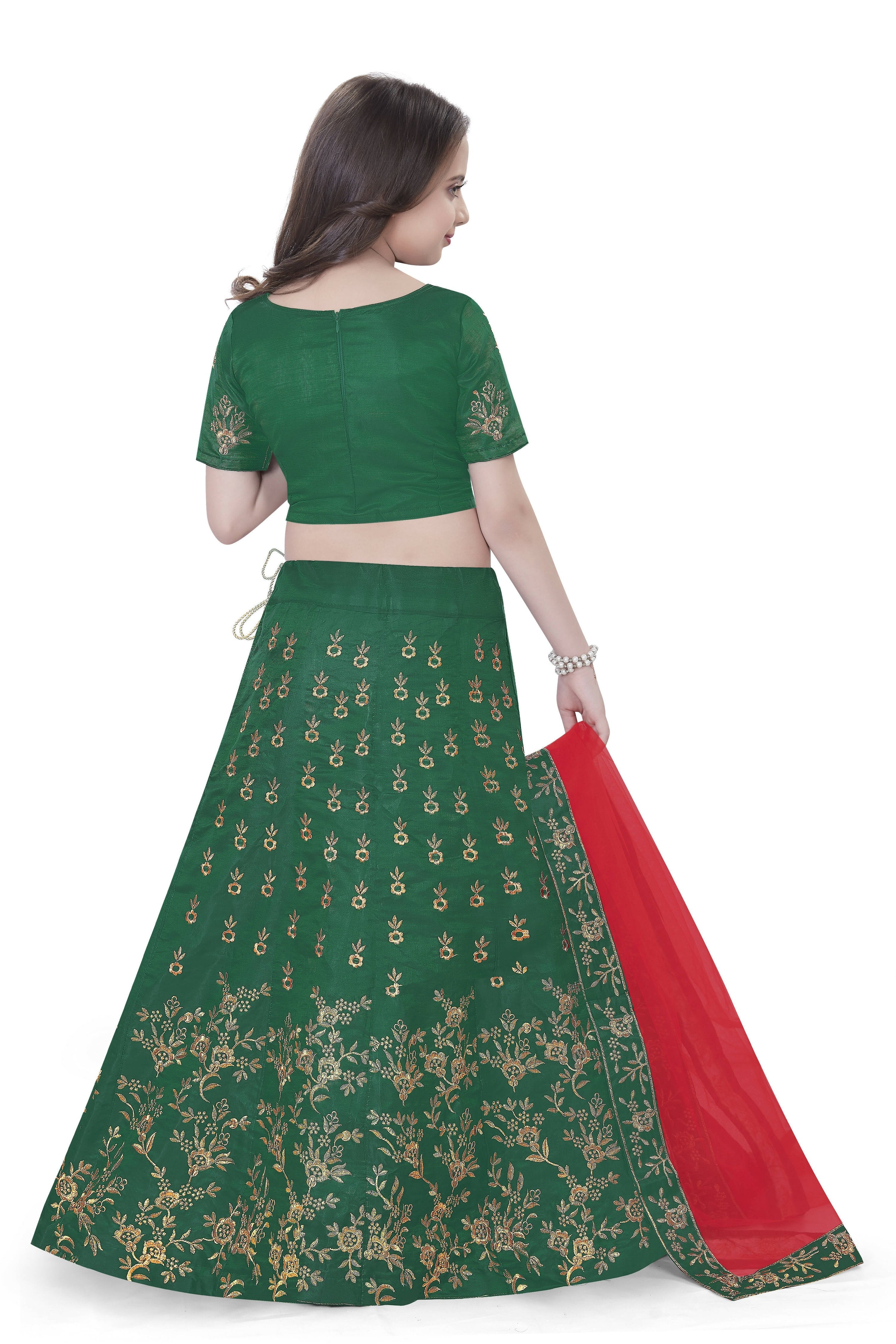 Dwiden Green Baby Doll Tafetta Sattin Semi-Stitched Girl's Lehenga Choli