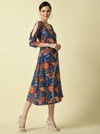 Myshka Women's Blue Floral Printed A-Line Dress - Distacart