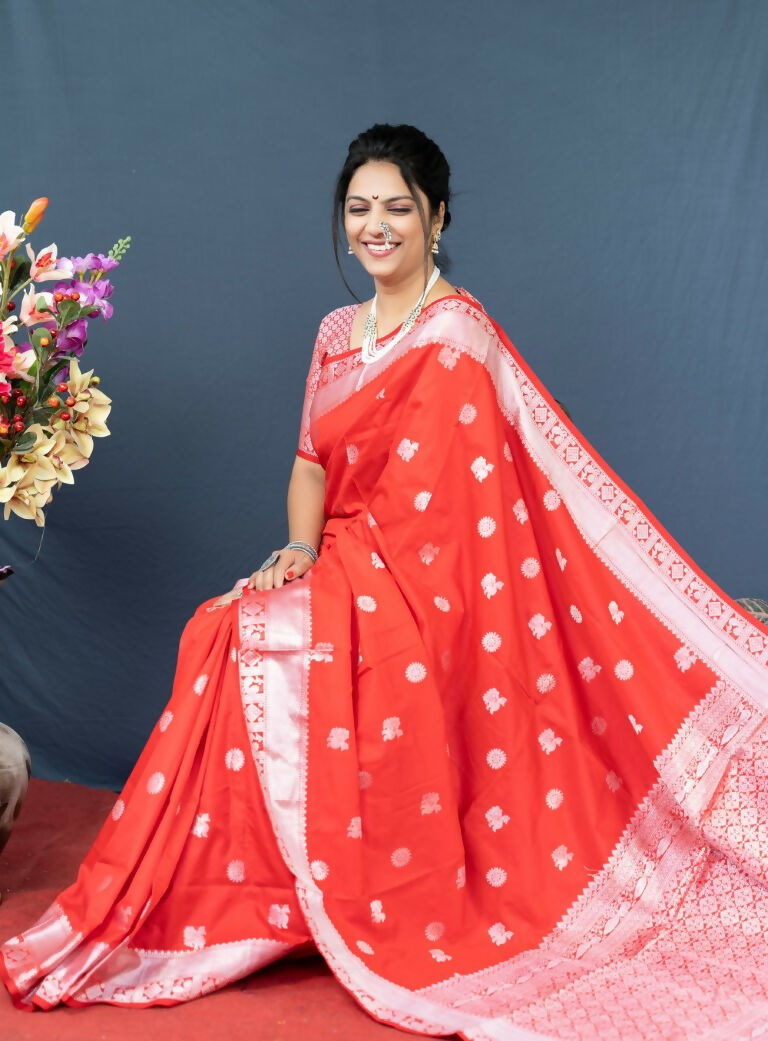 Jyoti Fashion Women's Red Soft Banarasi Silk Zari Woven Saree with Blouse