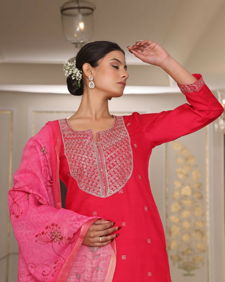 Jyoti Fashion Women's Pink Cotton Silk Floral Print with Embroidered Kurta Set