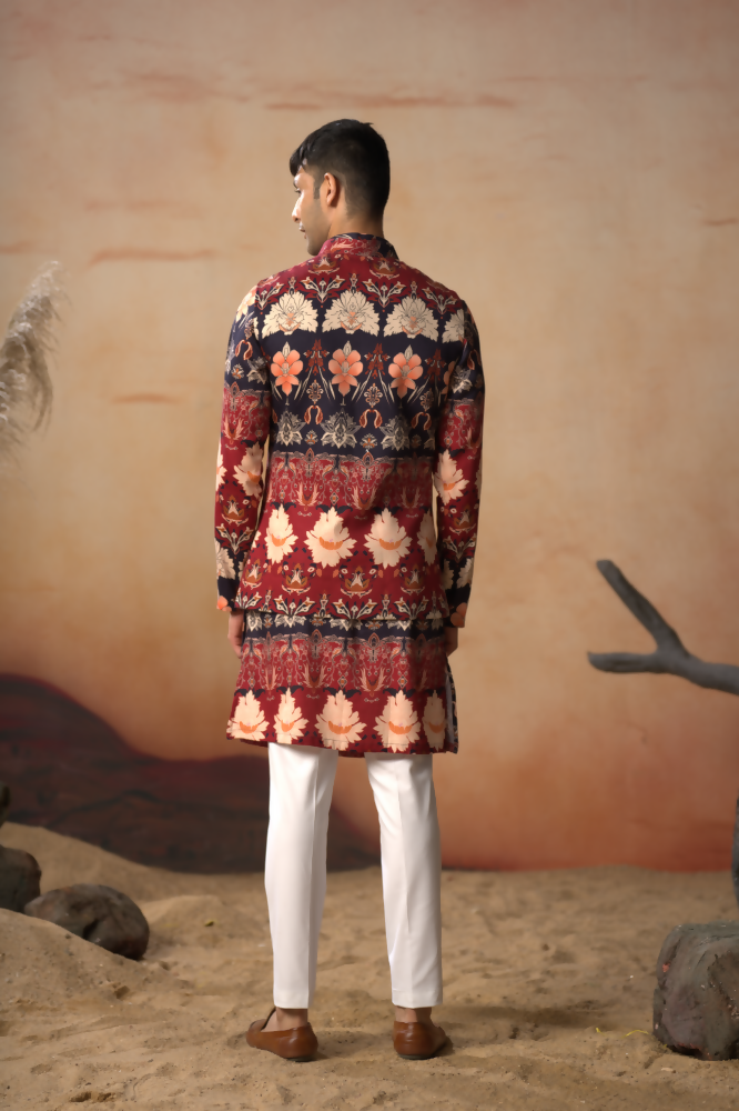 Blossom Print Cotton Nehru Jacket Set by Hilo Design