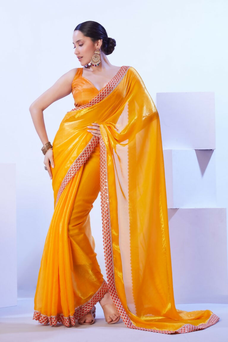 Yellow Satin Jimmy Choo Solid Designer & Lace Work Saree - Samaa