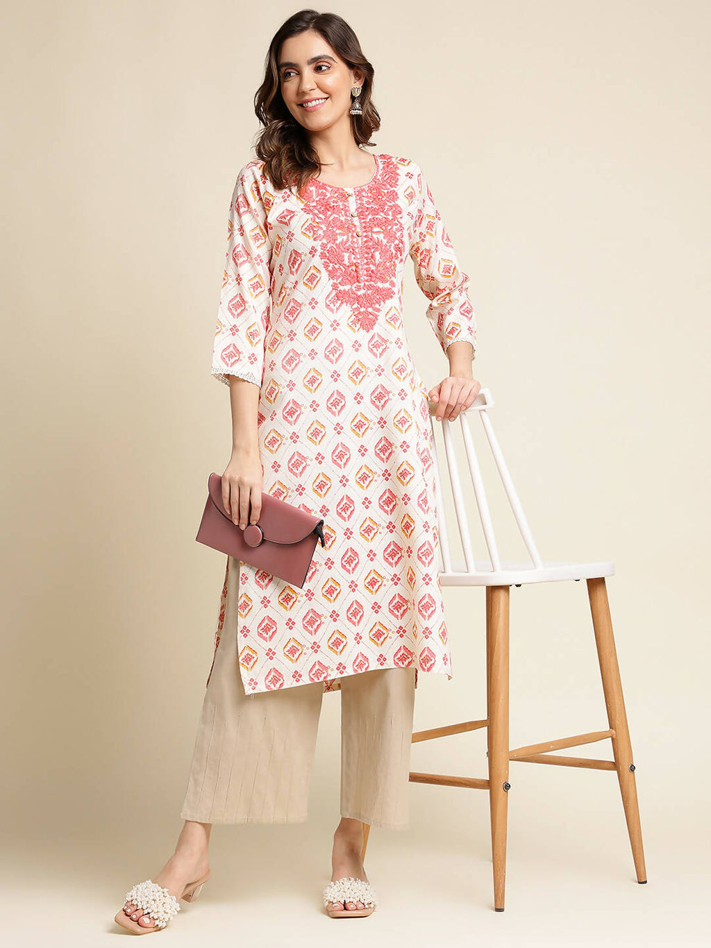 Red Poly Rayon Aztec Printed Straight Fit Kurta - Prasuti