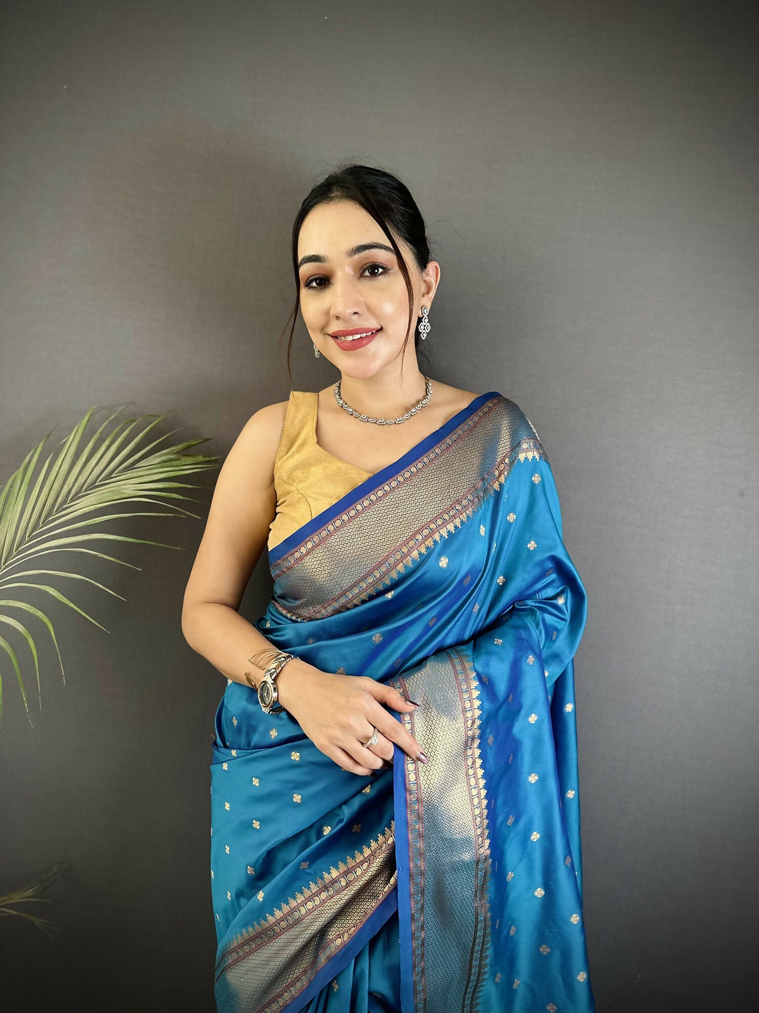 Joban Fashion Blue Butti Woven Soft Lichi Silk Paithani Saree - Distacart