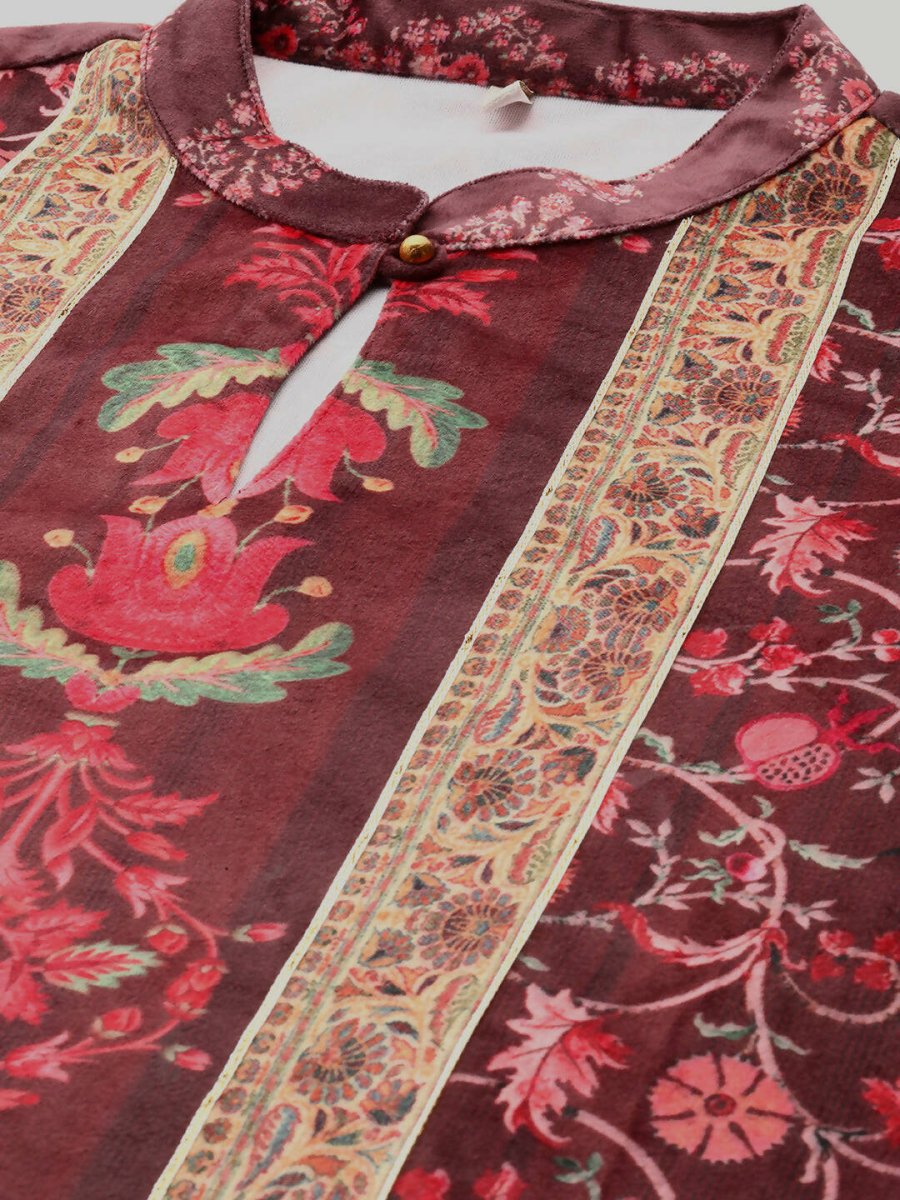 Ahalyaa Women Burgundy & Golden Floral Printed Gotta Patti Floral Velvet Kurta - Distacart