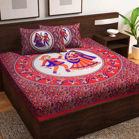 Vamika Printed Cotton Daandiya Red Bedsheet With Pillow Covers (PM Daandiya Red)