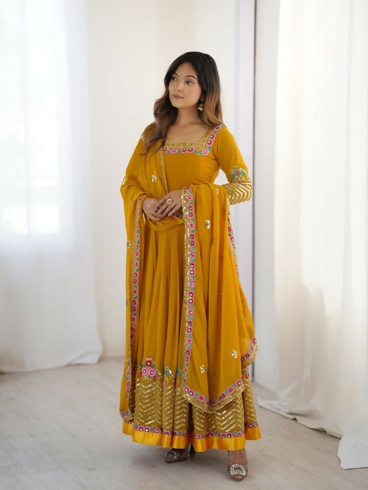 Joban Fashion Mustard Georgette Sequence Embroidery Work Readymade Kurta Set - Distacart