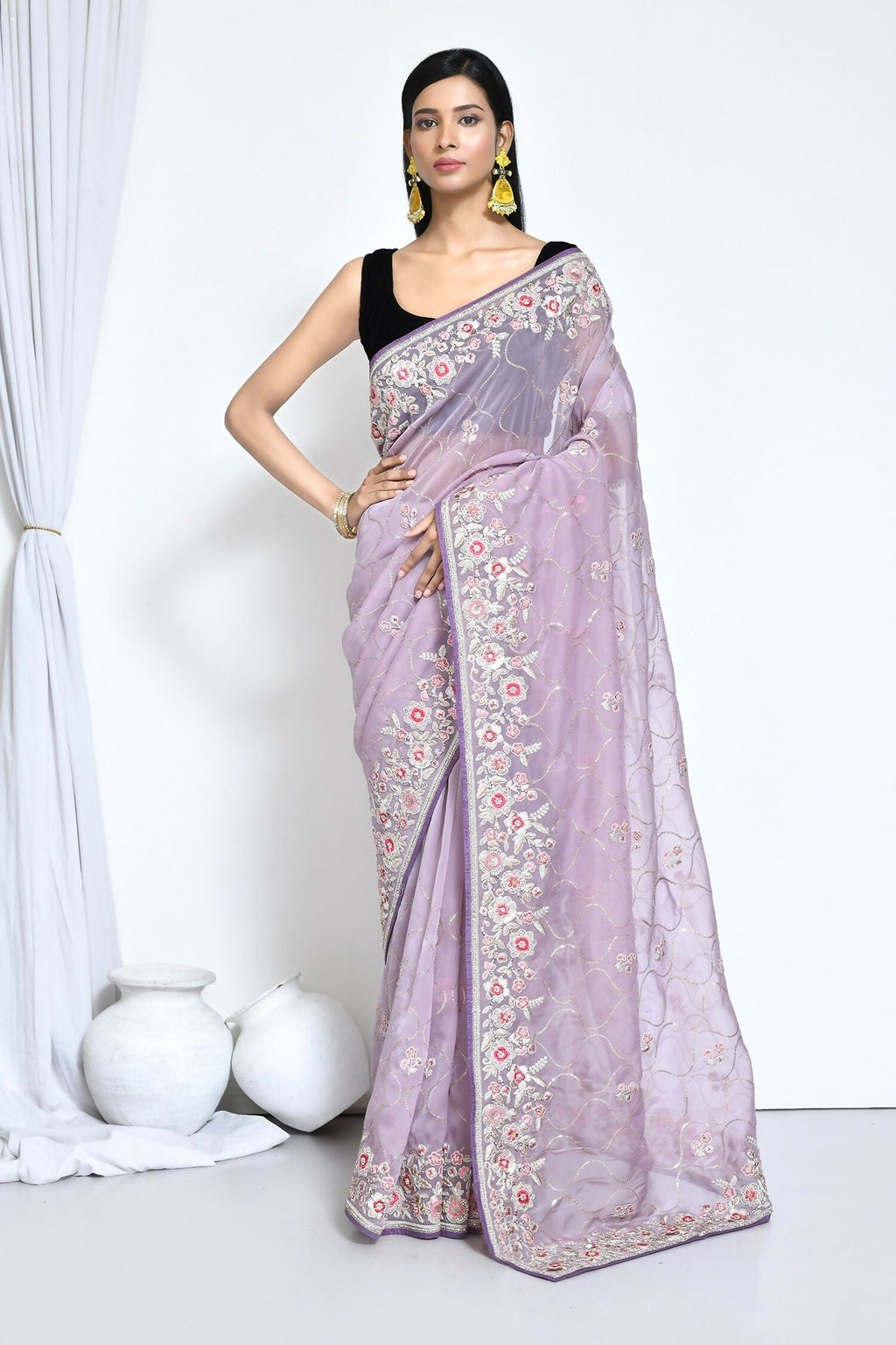 Purple Organza Satin Silk Sequence Embroidered with Stone work Saree - Nimaya Benzy