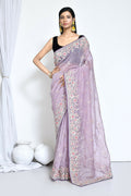 Purple Organza Satin Silk Sequence Embroidered with Stone work Saree - Nimaya Benzy