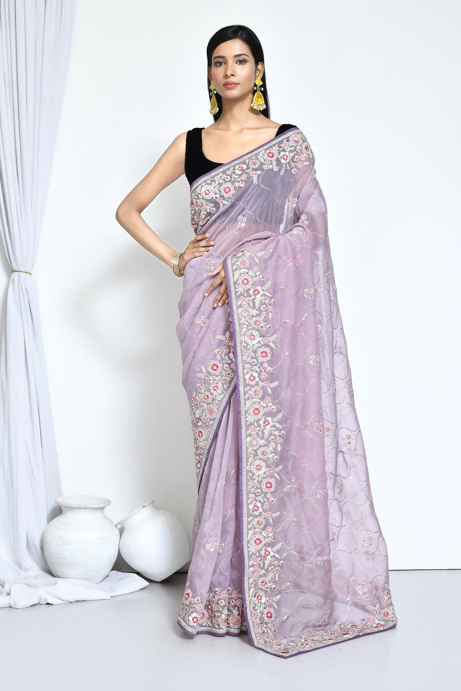 Purple Organza Satin Silk Sequence Embroidered with Stone work Saree - Nimaya Benzy