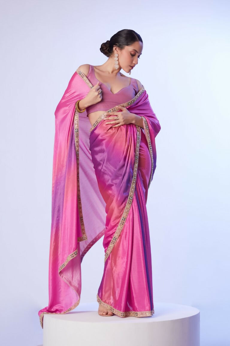 Pink Chinon Solid Designer & Lace Work Saree - Samaa
