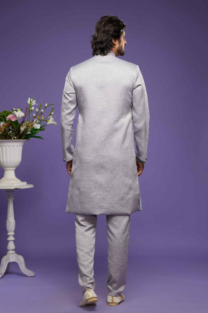 Raivat Ethnic Art Banarasi Silk Thread Work Kurta Pajama In Grey Colour