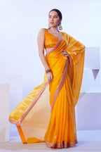 Yellow Satin Jimmy Choo Solid Designer & Lace Work Saree - Samaa