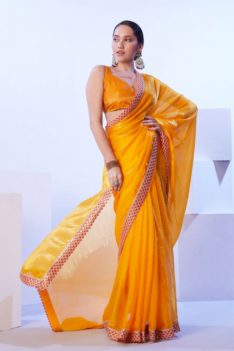 Yellow Satin Jimmy Choo Solid Designer & Lace Work Saree - Samaa