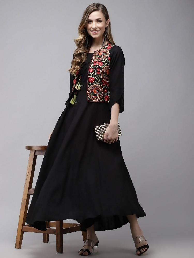 Yufta Women A-Line Black Dress With Red Embroidered Jacket