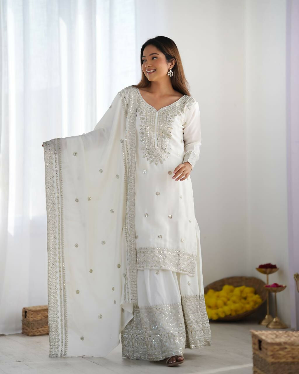 Joban Fashion White Kurta Set Silk Sequins , Zari, Coding & Thread Embroidered work - Distacart