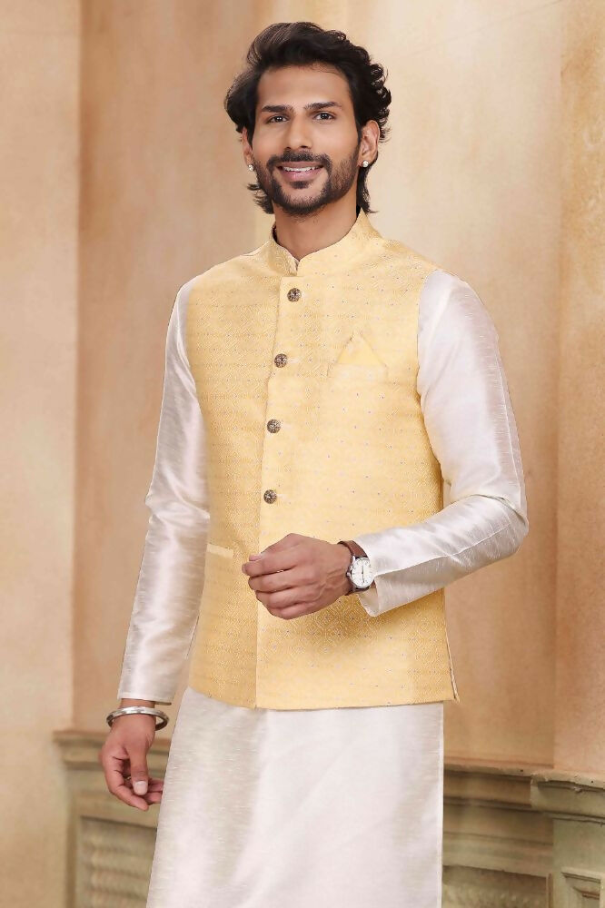 Raivat Ethnic Jacquard Banarasi Silk Woven Work 3 Pics Jacket Set In Yellow Colour - Distacart