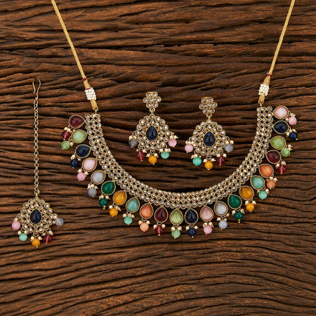 Joban Fashion Women Golden White Multi Polki Necklace Set With Earrings