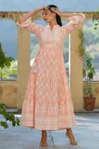 Juniper Women's Peach Cambric Floral Printed Maxi Tiered Dress - Distacart