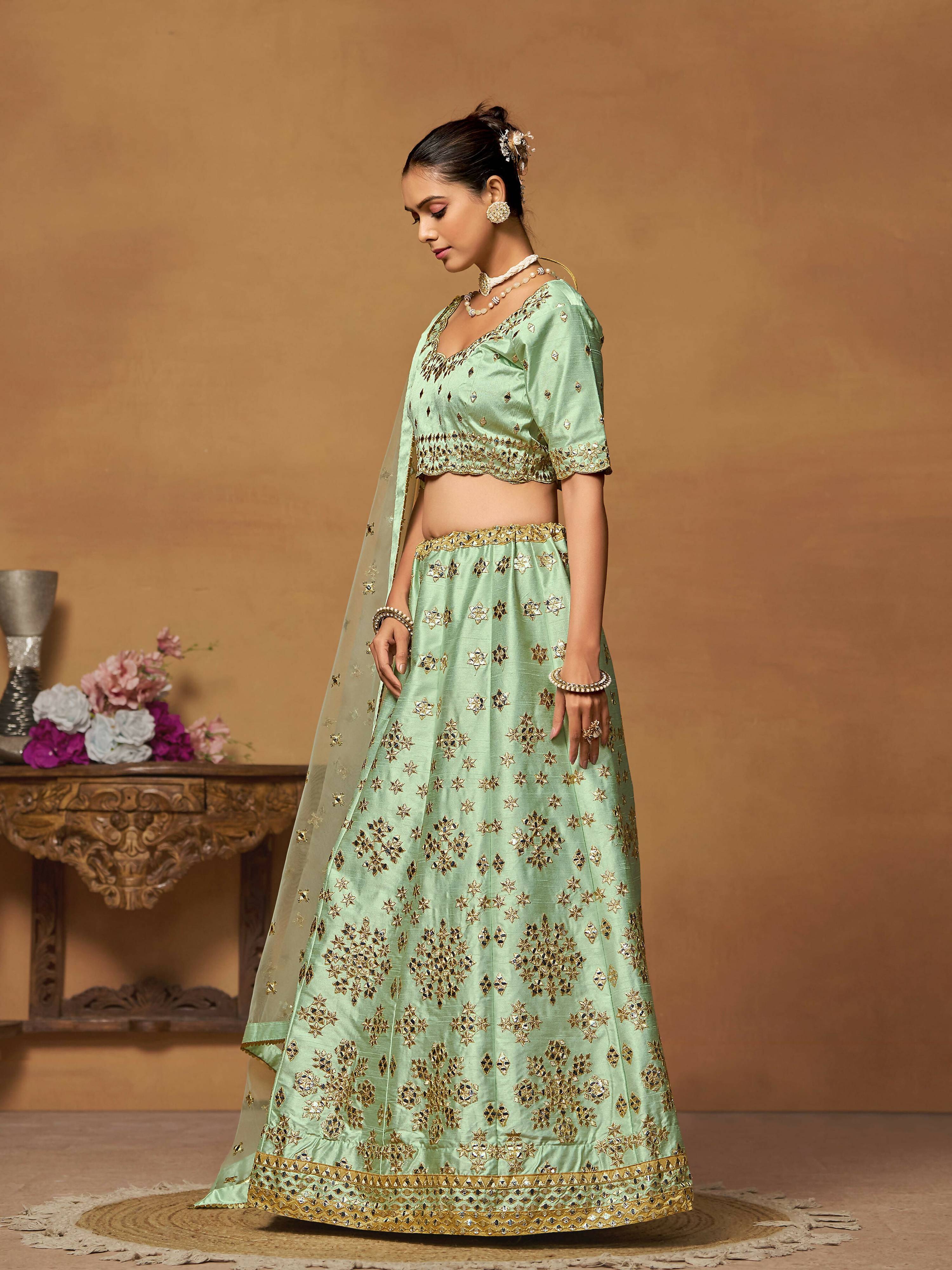 Pista Green Mulberry Silk Foil Paper Mirror Work Lehenga Choli - Jihu Culture