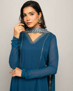 FIORRA Women's Teal Blue Creap A-Line Kurta Pant With Dupatta