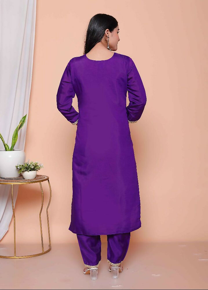 Miravan Womens Purple Muslin Straight Kurta And Palazzo With Dupatta Suit Set - Distacart