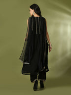 Myshka Women's Black Embroidered Georgette Anarkali Party Kurta Set With Dupatta