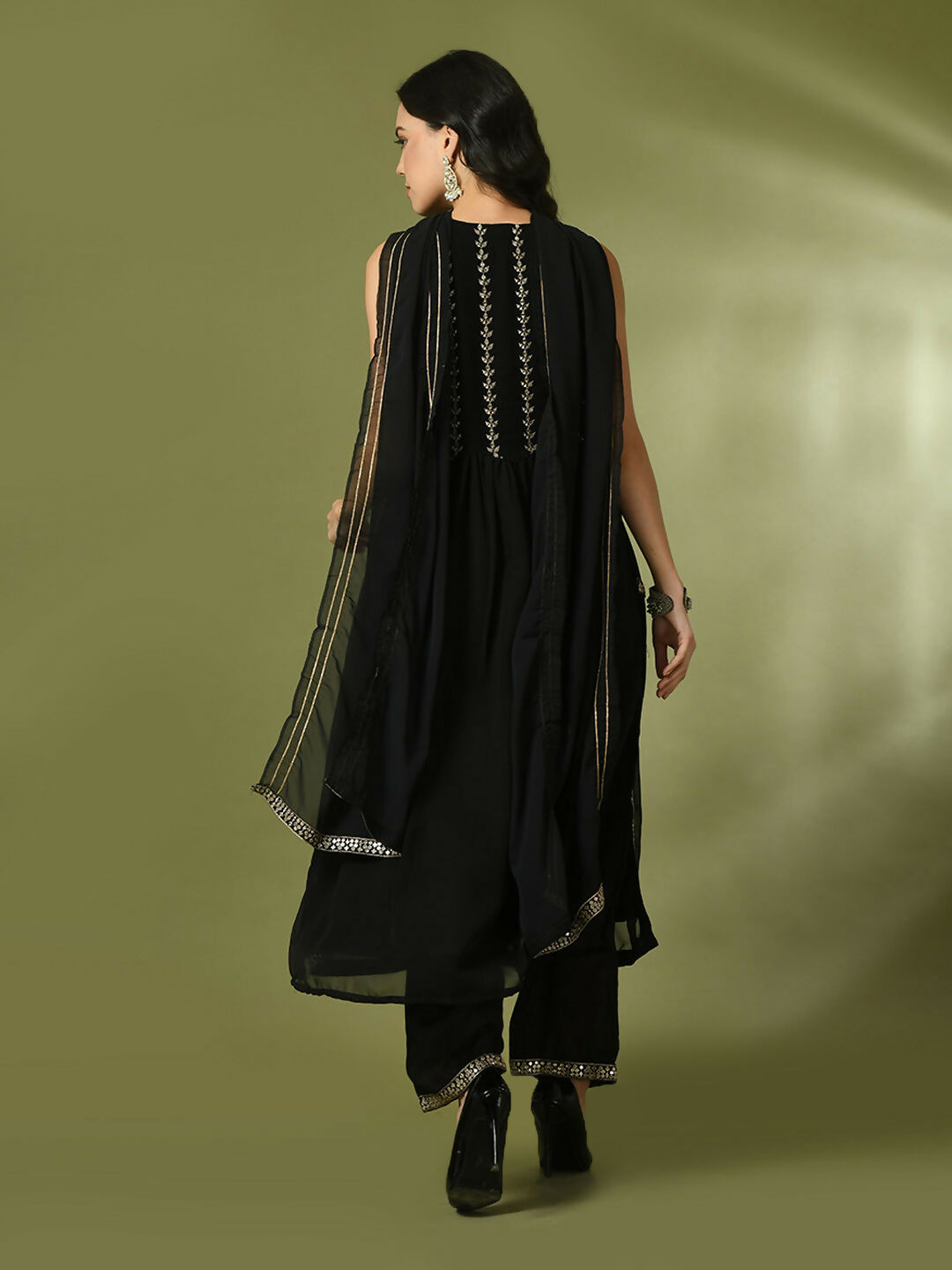 Myshka Women's Black Embroidered Georgette Anarkali Party Kurta Set With Dupatta