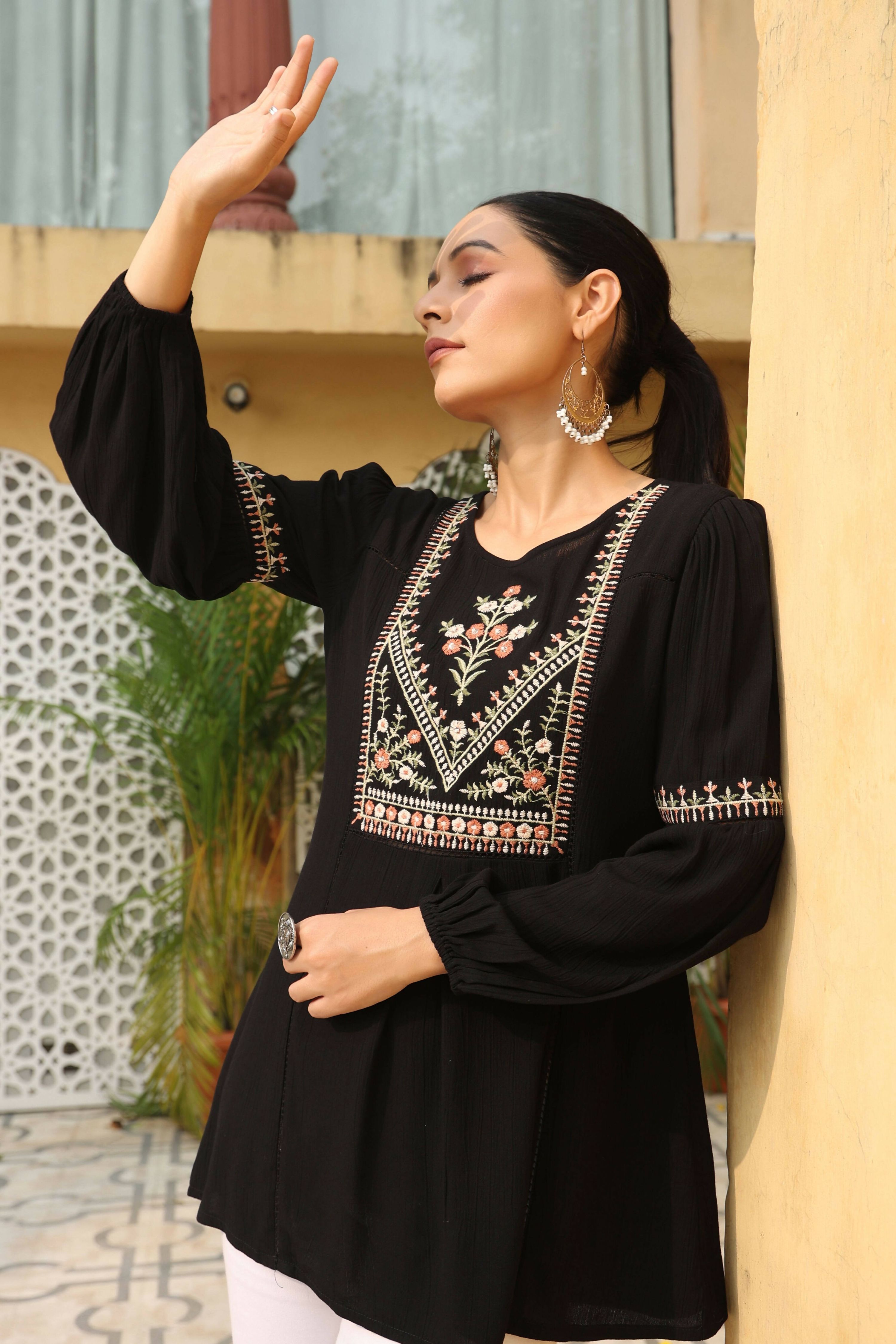 Juniper Women's Black Rayon Crepe Solid With Embroidery Straight Tunic - Distacart